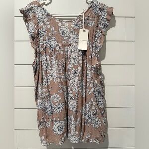 Pleione Tan/Pink Ruffled Blouse with Relaxed Fit